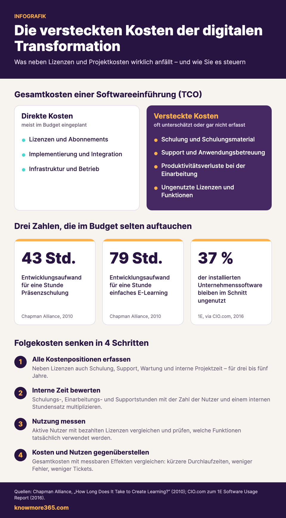 Infografik: Die versteckten Kosten der digitalen Transformation – direkte und versteckte Kosten, Kennzahlen und 4 Schritte