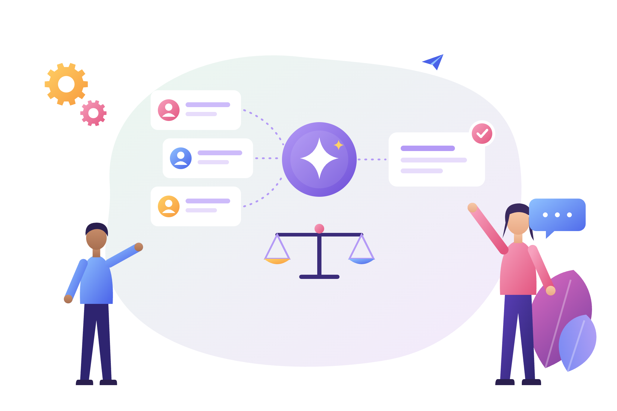 Illustration KI im Personalwesen: Bewerberprofile werden von einer KI vorsortiert, eine Waage steht für Fairness, eine HR-Mitarbeiterin trifft die finale Entscheidung