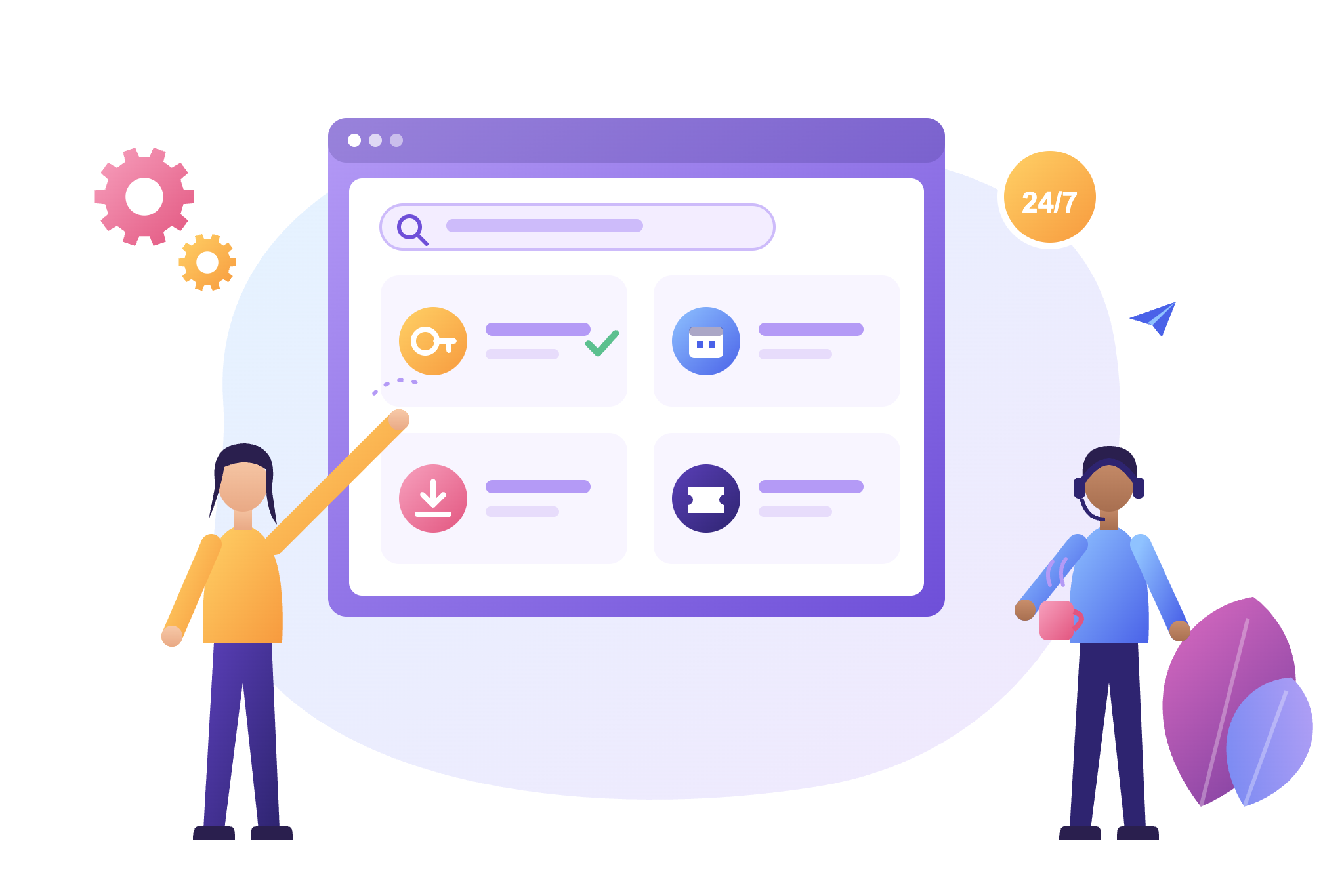Illustration Self-Service-Portal: Mitarbeiterin wählt im Portal Services wie Passwort-Reset, Urlaubsantrag, Dokumenten-Download und Ticket, ein entlasteter Support-Mitarbeiter mit Headset