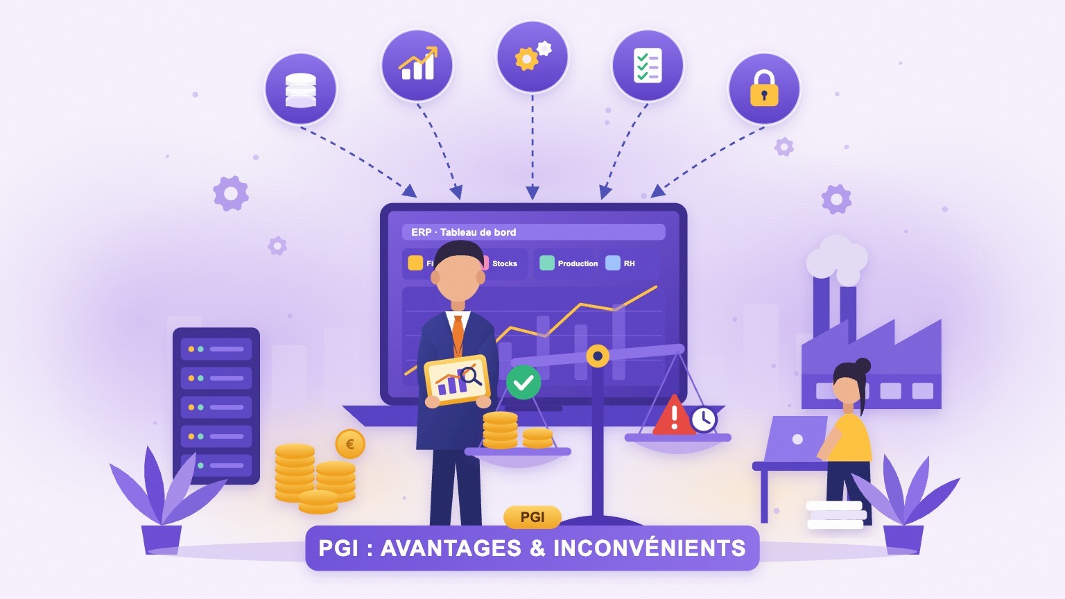 Illustration : un manager compare les avantages et les inconvénients d’un PGI sur une balance, devant un tableau de bord ERP
